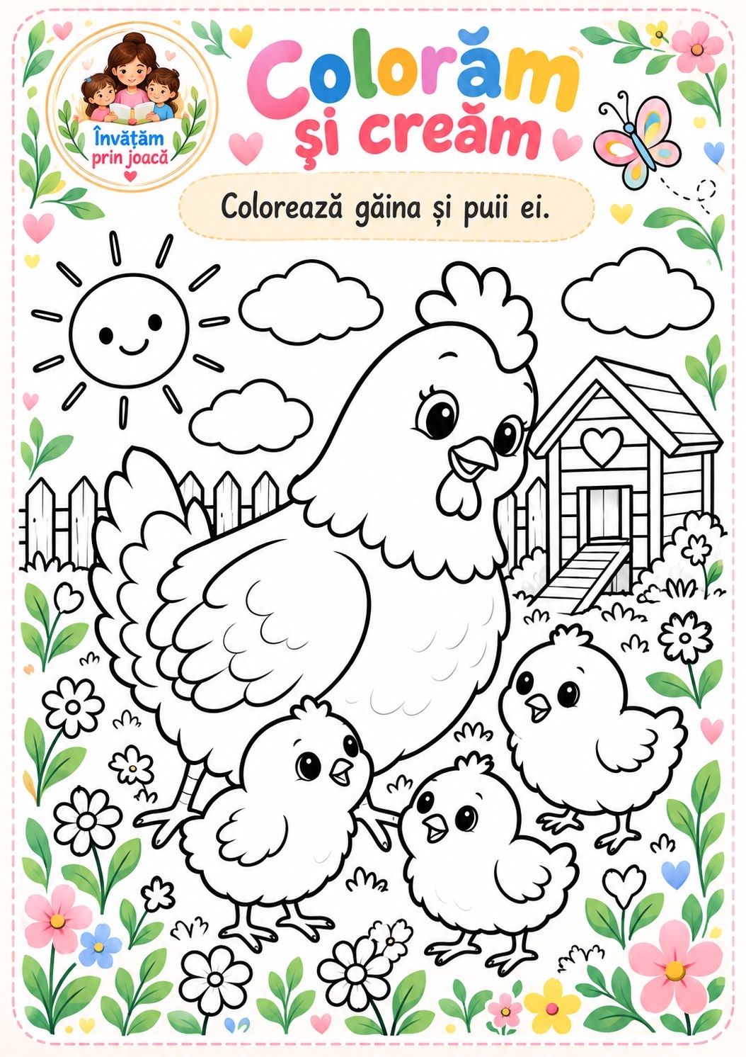 Fișă de colorat: găina și puii ei