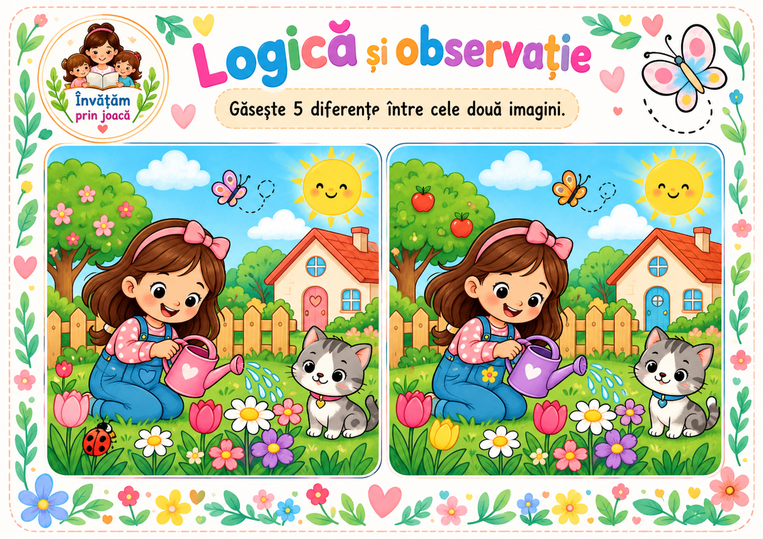 Fișă de logică și observație: găsește 5 diferențe între două imagini cu o fetiță în grădină